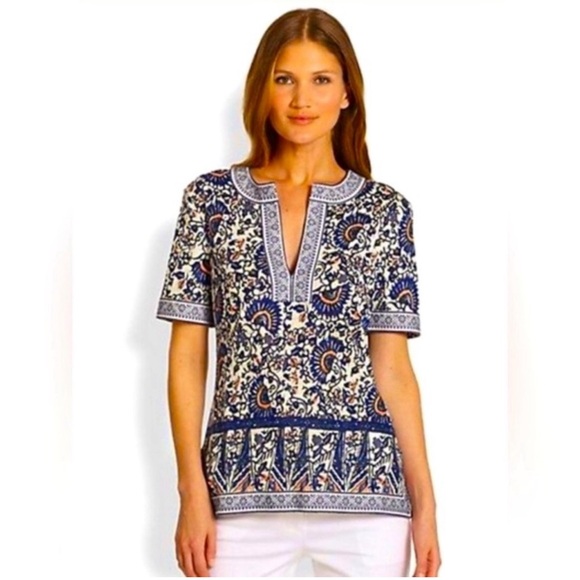 Tory Burch Brinda Print Linen V Neck Tunic Top S - Picture 4 of 10